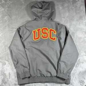 USC Trojans Jacket Men XL Gray Full Zip Hooded Embroidered Fleece Lined Football